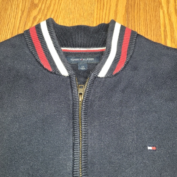 Tommy Hilfiger Blue Full ZIP Knit Sweater Navy With White Red Flag Stripes Sm/P - Picture 4 of 10